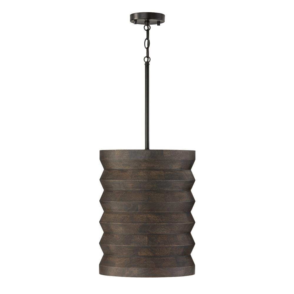 1-Light Pendant in Matte Black and Handcrafted Mango Wood in Espresso Stain