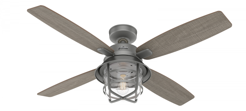 Hunter 52 inch Port Royale Matte Silver Damp Rated Ceiling Fan with LED Light Kit & Handheld Remote