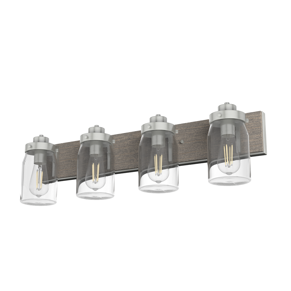 Hunter Devon Park Brushed Nickel and Grey Wood with Clear Glass 4 Light Bathroom Vanity Wall Light