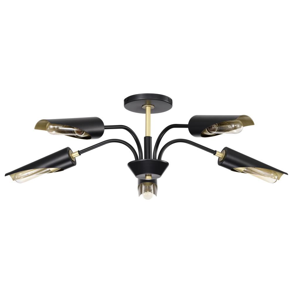 Marc 5 Light Chandelier; Matte Black Finish; Gold Accents